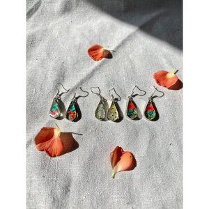 Handcrafted Resin Teardrop Earrings Set Of 3 Pairs With Pressed Floral Design &